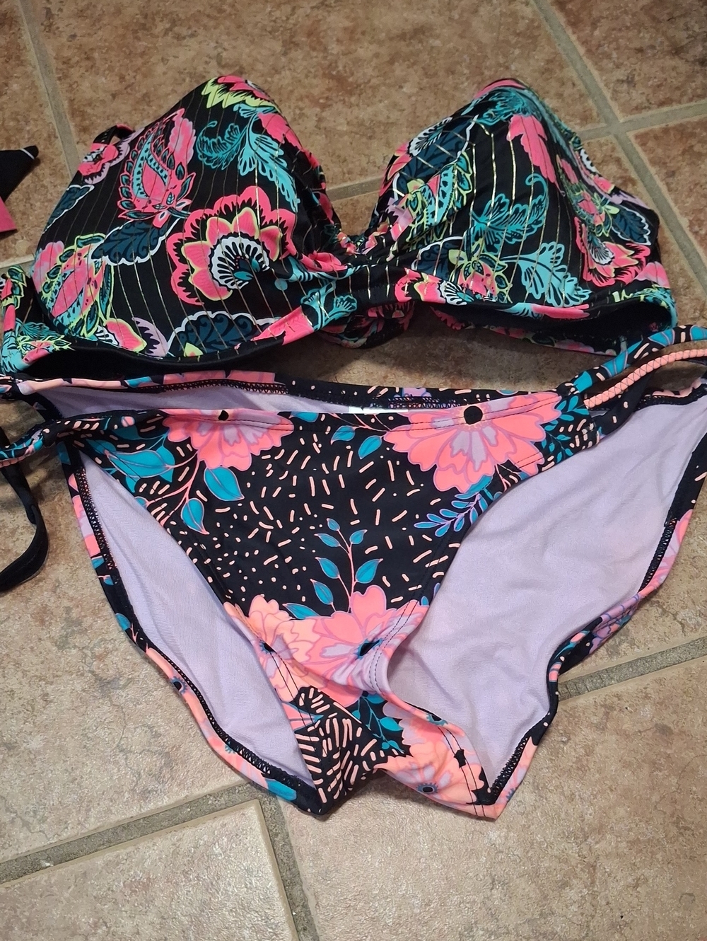 Shade & Shore Black Floral Bikini with Pink & Teal Accents